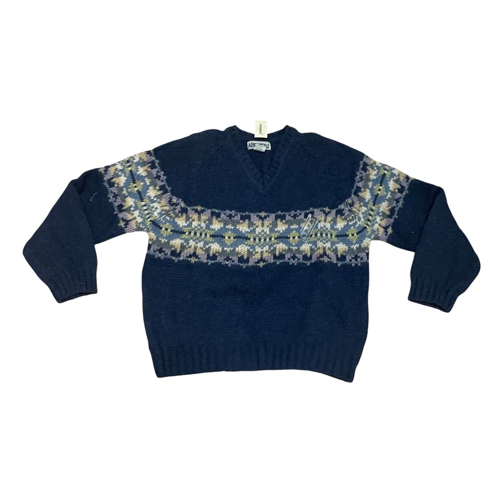 VTG Y2K Aeropostale Medium Midnight Navy 100% Wool Fair Isle V-Neck Sweater NWT
